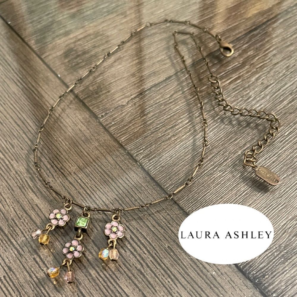 Laura Ashley Bronze Necklace with Dangling Purple Enamel Flowers